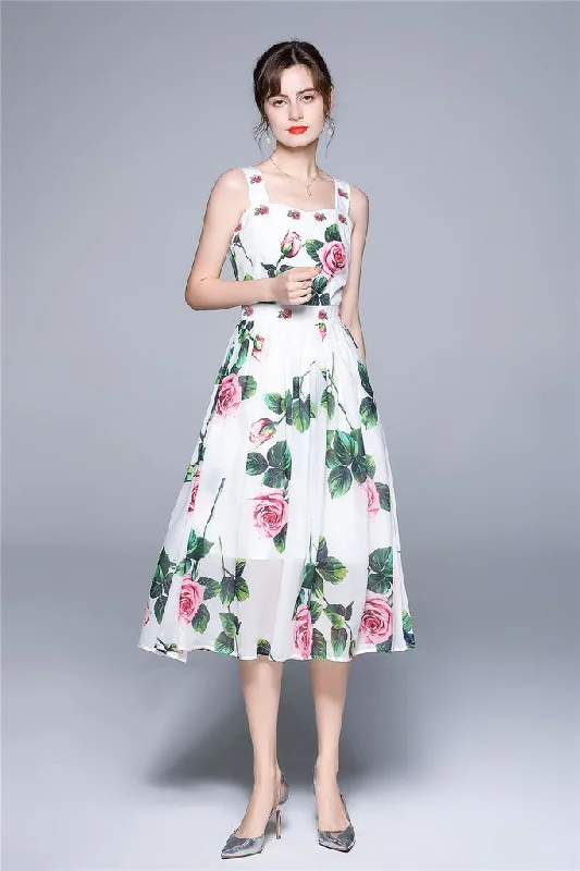 women's apple-shaped body dressesWhite ?ocktail & Party A-line Off The Shoulder Strap Midi Floral Dress