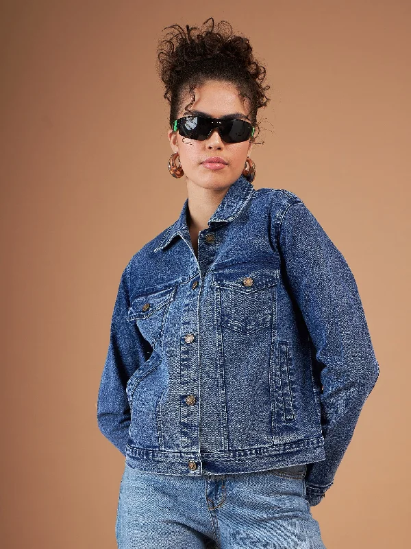 casual women's coatsWomen Navy Washed Denim Regular Jacket