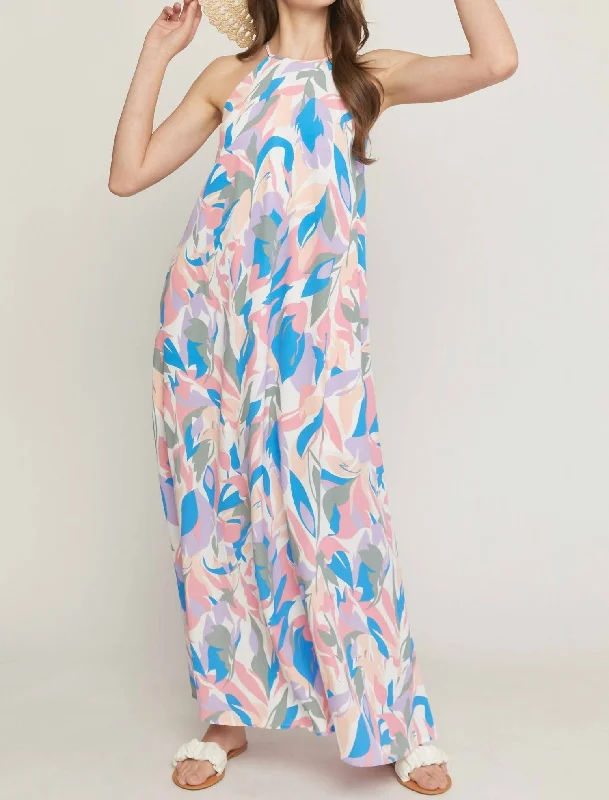 women's off-the-shoulder dressesHigh Neck Sleeveless Maxi Dress in White Print