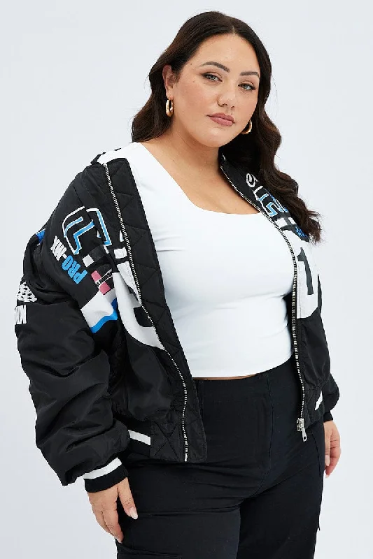 women's coats for ice skatingBlack Motocross Jacket Bomber Padded Logo