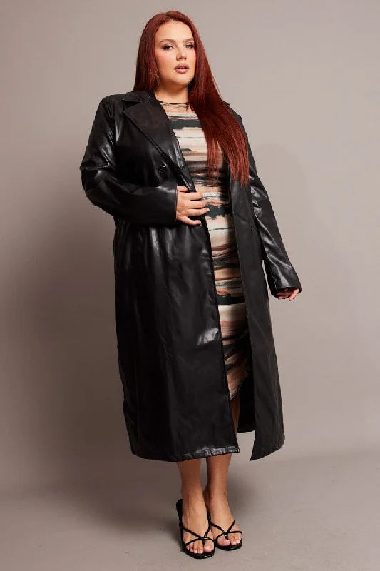 women's coats with removable fur liningsBlack Pu Coat With Shoulder Pads