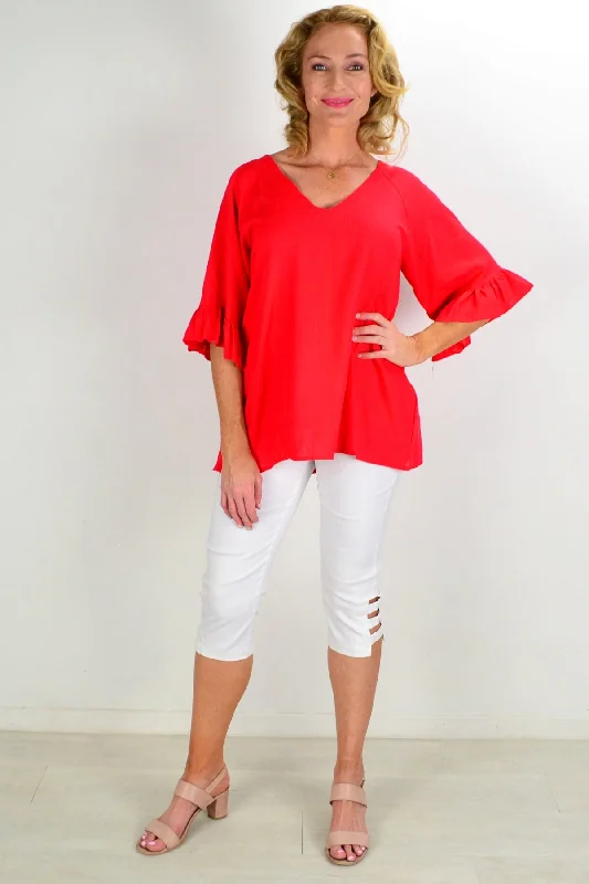 women's coats for those who love to mix and matchRed Razzle Dazel Ruffle Sleeve Tunic Top