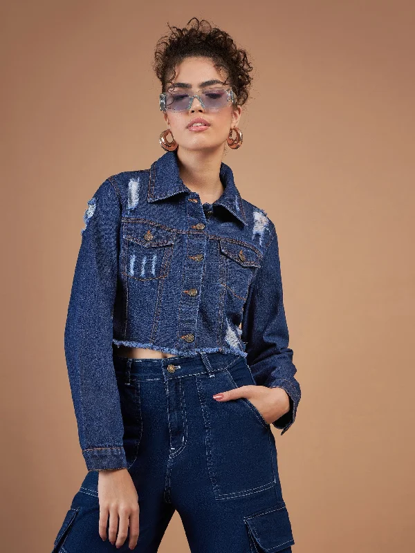 women's coats with sequin embellishmentsWomen Navy Distressed Denim Crop Jacket