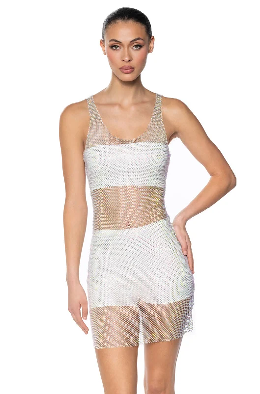 women's plus-size dressesAYLA RHINESTONE MESH MIDI DRESS IN WHITE