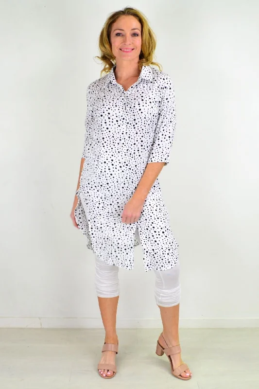 women's coats with geometric patternsWhite Long Shirt Tunic Black Spots