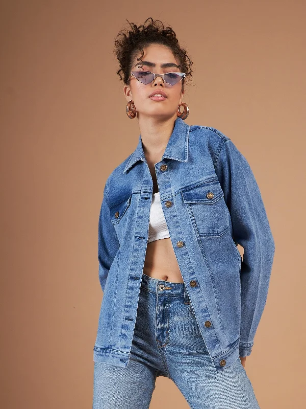 women's coats for winter weddingsWomen Ice Blue Washed Denim Oversized Jacket