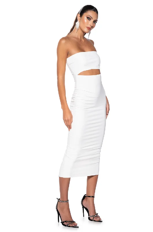 women's silk dressesPRETTY LADY PLEATHER CUT OUT MIDI DRESS WITH 4 WAY STRETCH IN WHITE