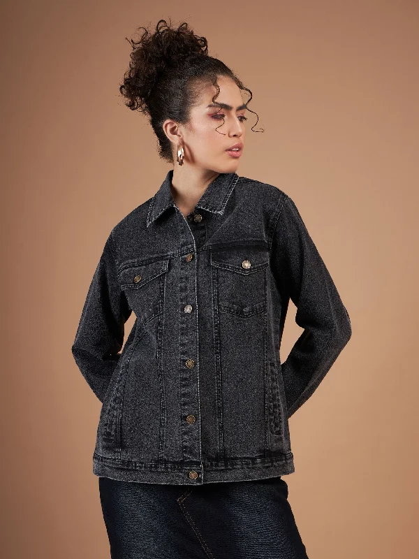 women's coats for apple-shaped bodiesWomen Black Washed Denim Oversized Jacket