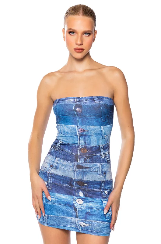 women's one-shoulder dressesSTUNNER DENIM LOOK MINI DRESS