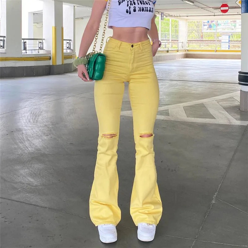 women's moisture-wicking pantsFashionSierra - Women Stretch Yellow Ripped Hips Strap Bell Bottom Trouser