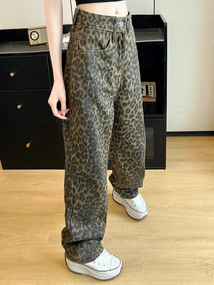 women's flare pantsFashionSierra - Leopard Print High Waisted Wide Streetwear 2000s Baggy Trouser