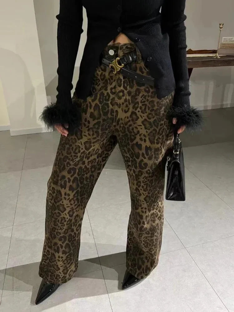 women's high-waisted pantsRetro Leopard Print Casual Harajuku High Waist Loose Fashion Trouser