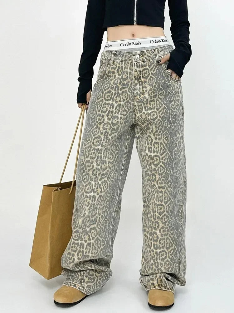 women's low-slung pantsFashionSierra - American Baggy Leopard Print Wide High Waisted Oversized Hip Hop Trouser