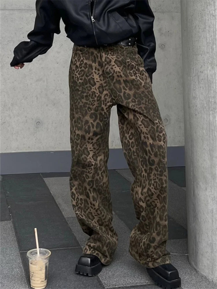 women's short pantsFashionSierra - Y2k High Street Baggy Leopard Print High Waist Wide Leg Trouser