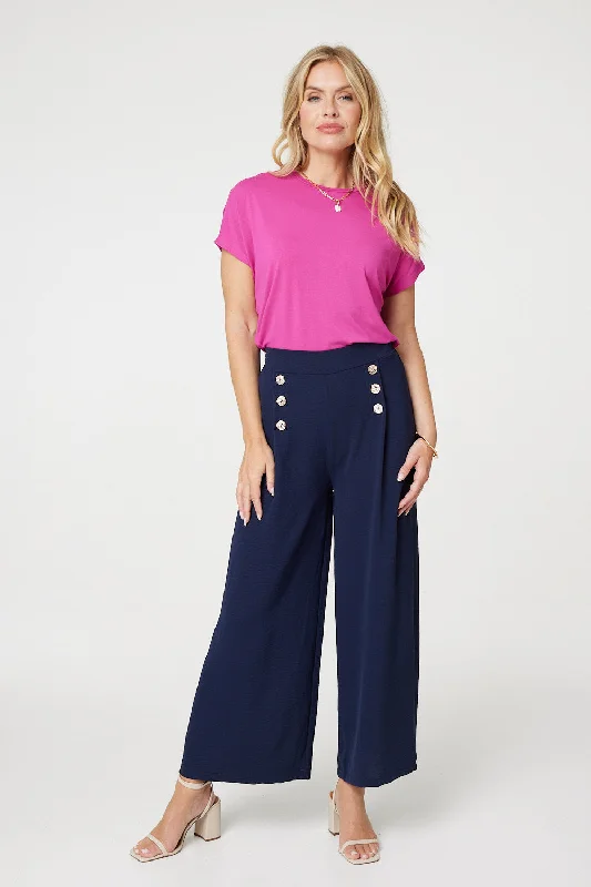 women's casual pantsButton Detail Wide Leg Trousers