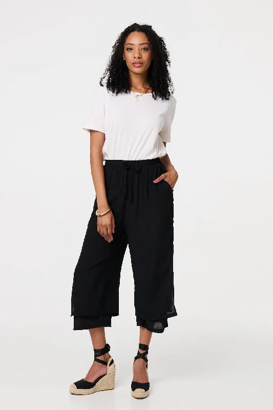 women's cargo pantsHigh Waist Layered Hem Cropped Trousers