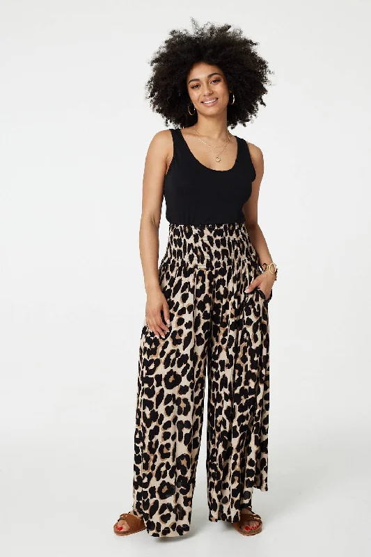 women's leather pantsAnimal Print High Waist Wide Leg Trousers