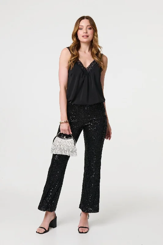 women's high-slung pantsHigh Waist Flared Sequin Trousers