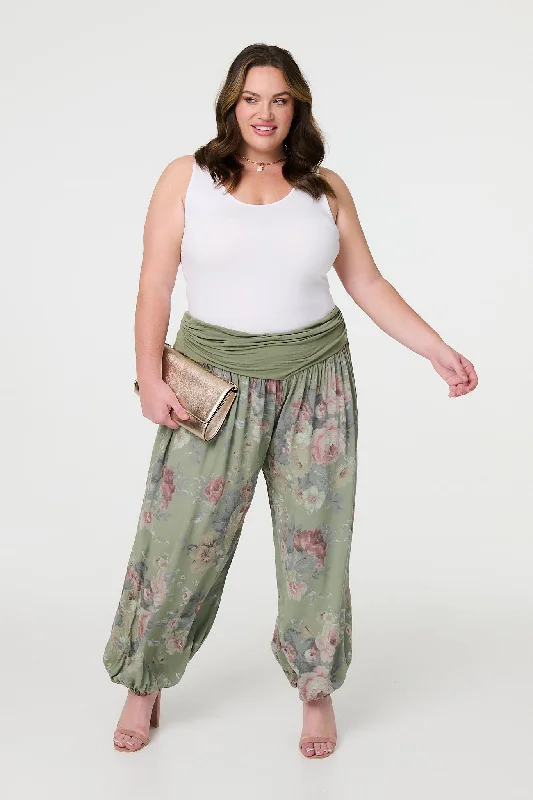 women's insulated pantsFloral Ruched Waist Harem Trousers