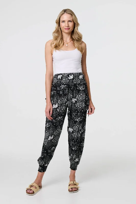 women's bell-bottom pantsElephant Print Relaxed Harem Pants