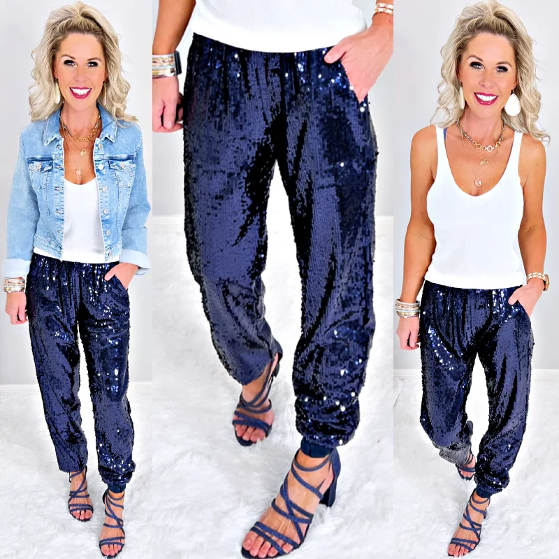 women's running pantsSequin Joggers -Navy