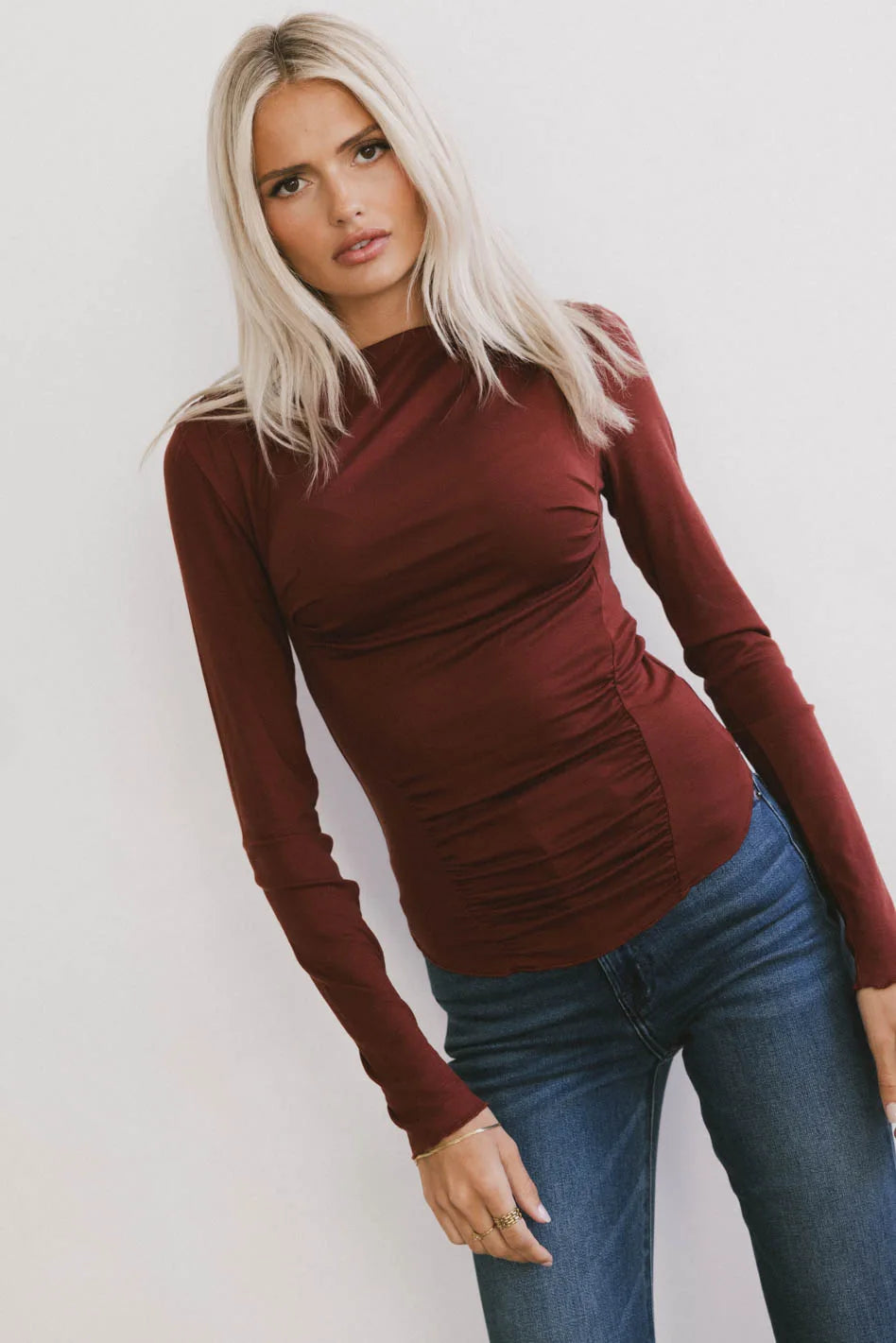 women's denim dressesBianca Ruched Top in Burgundy