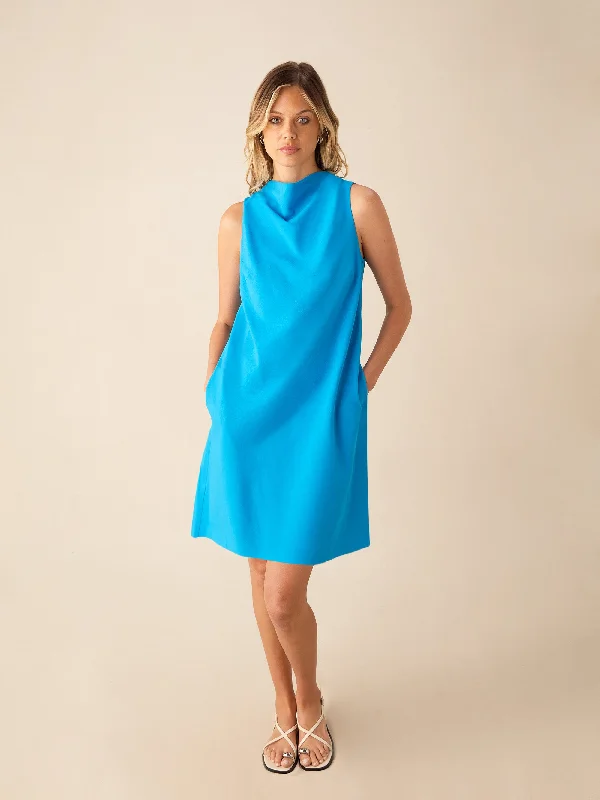 women's curve-hugging dressesBlue Cowl Neck Linen-blend Shift Dress