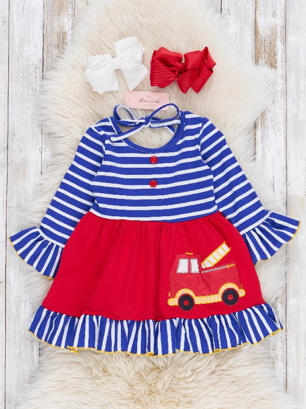 women's solid color dressesBlue Stripes & Red Fire Engine Ruffle Dress