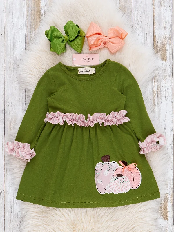 women's luxury dressesGreen & Peach Embroidered Pumpkin Patch Ruffle Dress