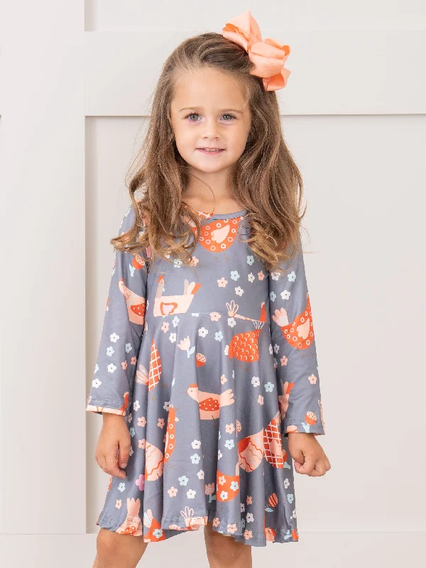 women's wrinkle-resistant dressesGrey & Orange Chickens Swing Dress