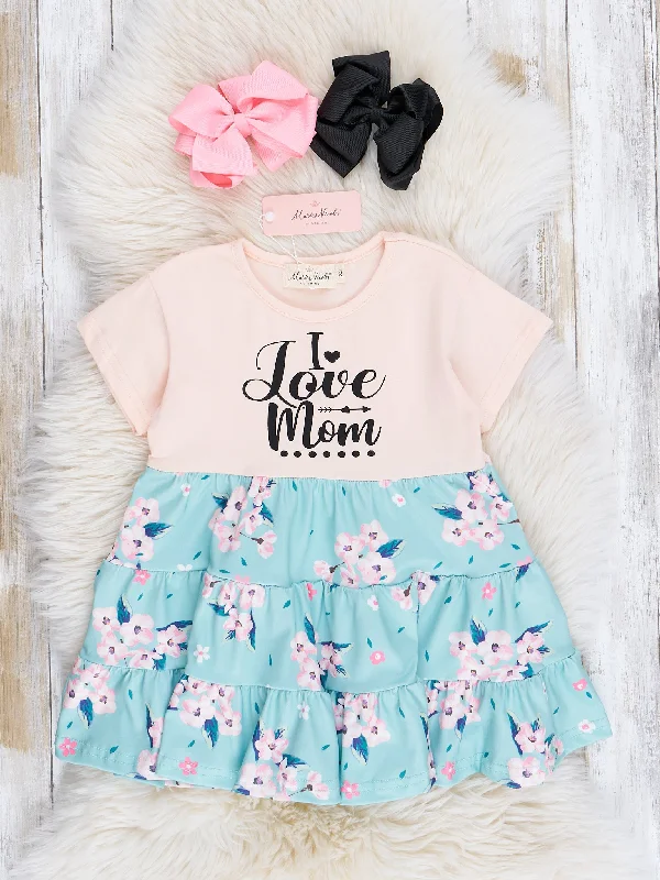 women's halter dresses"I Love Mom" Teal Blossoms Ruffle Dress