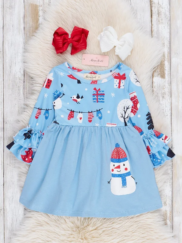 women's bell-sleeved dressesLight Blue Mr Snowman Bell Sleeve Dress - Restocked!