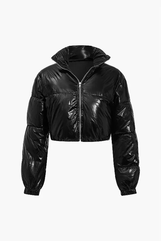 women's breathable dressesFaux Leather Padded Zipper Puffer