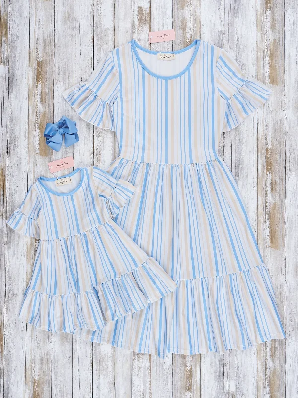 women's cold-shoulder dressesMom & Me Cornflower Stripes Tiered Ruffle Dress