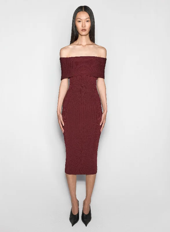 women's evening dressesburgundy off-shoulder sculpting knit dress