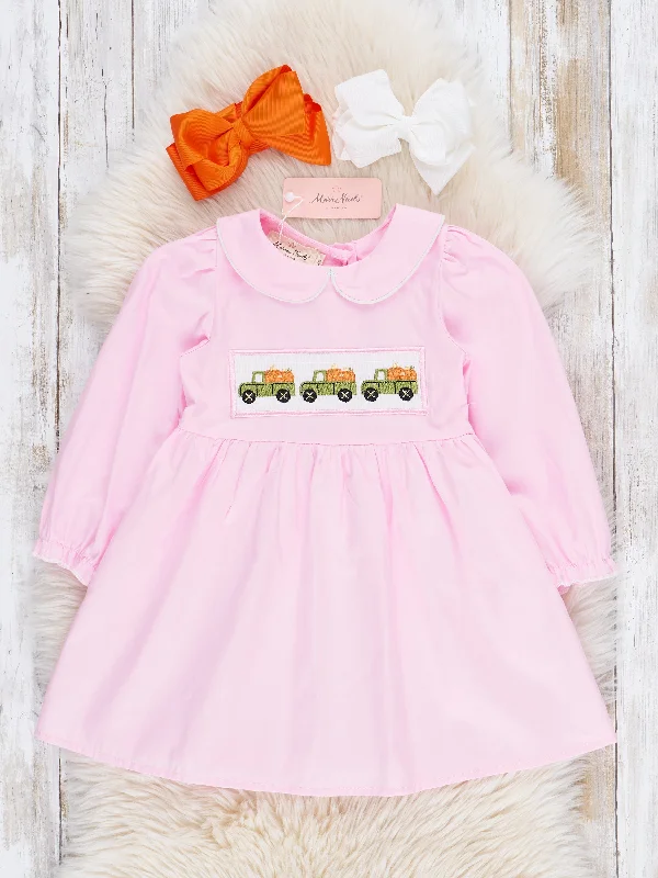 women's empire-line dressesPink Cotton Pumpkin Truck Smocked Dress