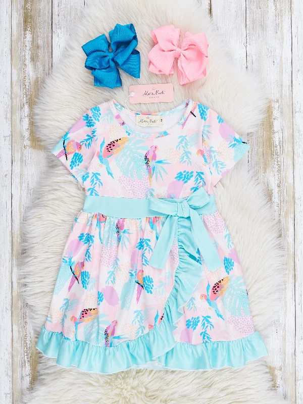 women's affordable dressesPink & Teal Parrots Wrap Ruffle Dress