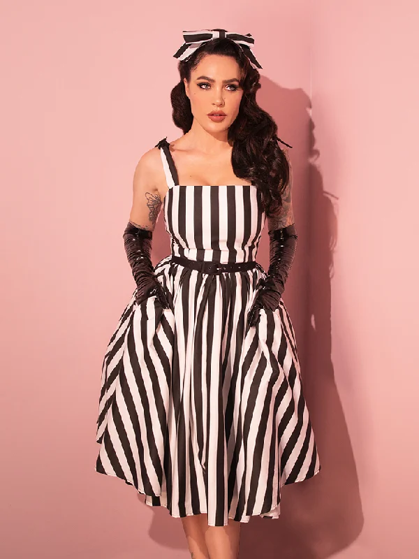 women's off-the-shoulder dressesDream House Swing Dress and Matching Hair Bow in Thick Black and White Stripes - Vixen by Micheline Pitt