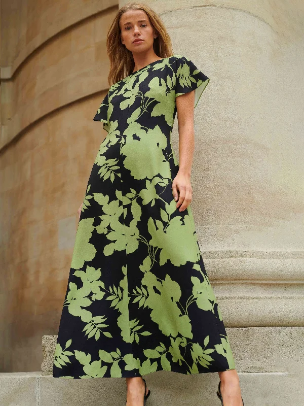 women's maxi dressesVictoria Green Floral Print Flutter Sleeve Dress