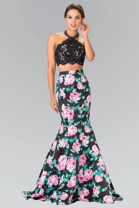 women's sheath dressesHalter-Neck Two-Piece Floral Print Long Prom Dress