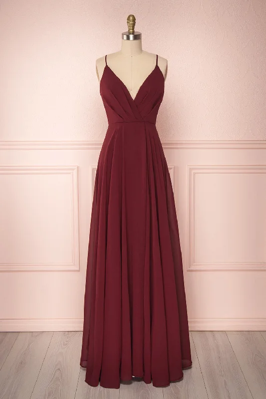 women's designer dressesAelis Burgundy | Pleated Plunging V-Neckline Gown