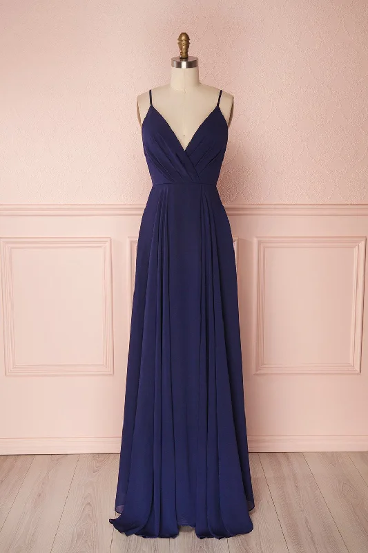 women's cold-shoulder dressesAelis Navy | Pleated Plunging V-Neckline Gown