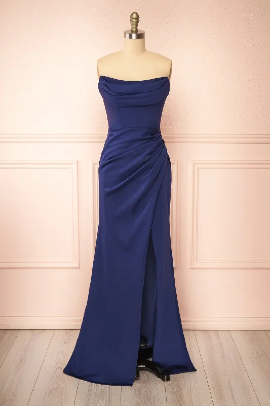 women's boho dressesAilsa Navy | Strapless Gown w/ High Slit