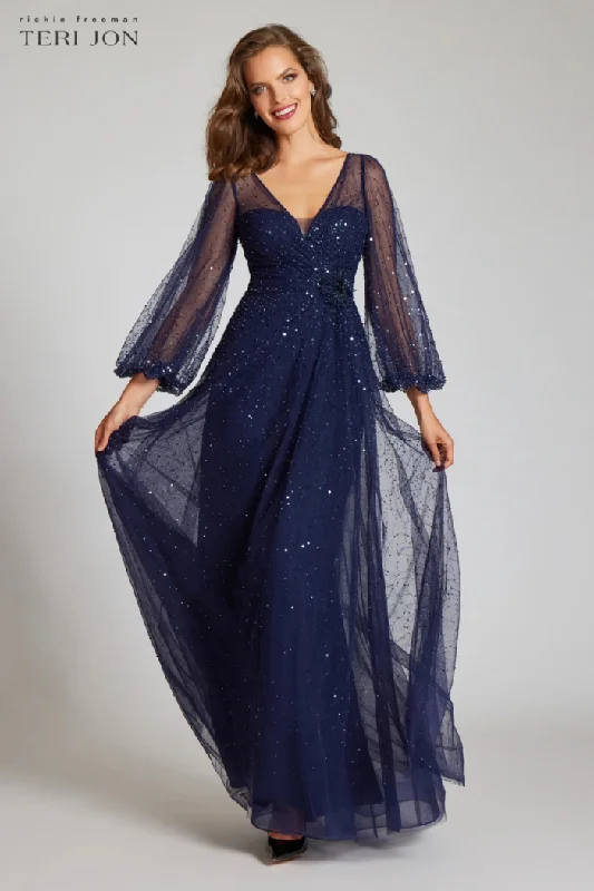 women's flowy dressesBeaded Tulle Neck Long Full Sleeve Gown