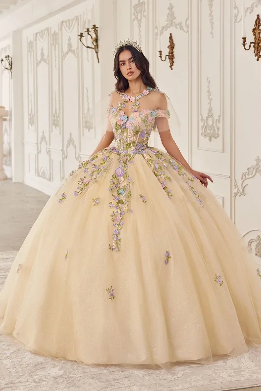 women's boho dressesCinderella Divine 15724 Long Quinceanera Floral Cape Ball Gown