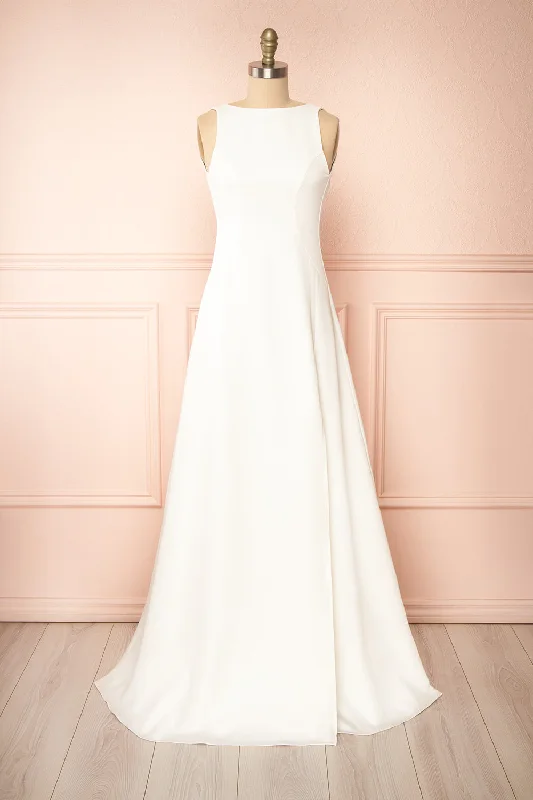 women's curve-hugging dressesElenova White | High Neck Gown w/ Train