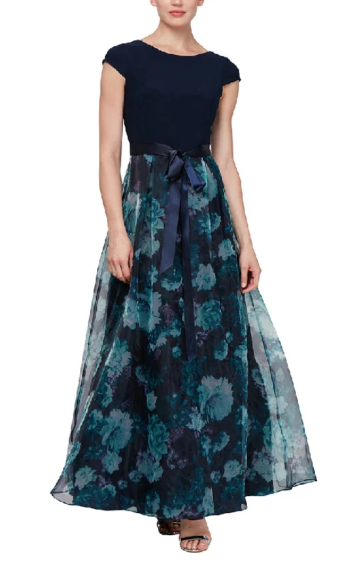 women's party dressesGown with Floral Printed Organza Skirt & Jersey Bodice