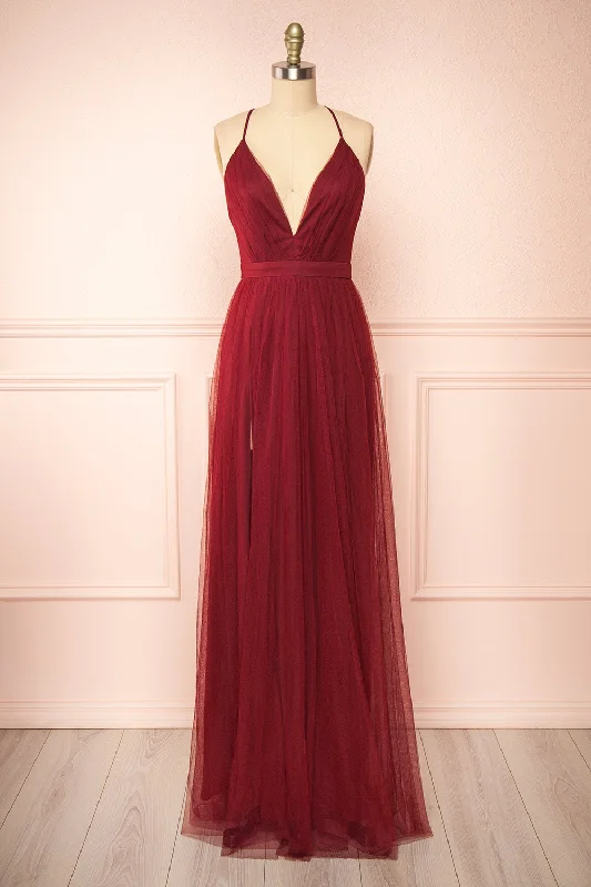 women's one-shoulder dressesIlaria Burgundy | Tulle Gown w/ Plunging Neckline