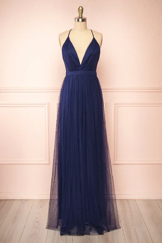 women's bespoke dressesIlaria Navy | Tulle Gown w/ Plunging Neckline