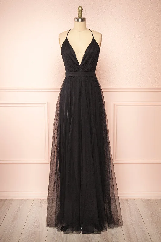 women's maxi dressesIlaria Black | Tulle Gown with Plunging Neckline